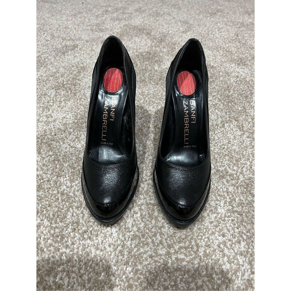Banfi Zambrelli Black Leather Patent Pump Shoes Slip On Slim Heel size 8.5